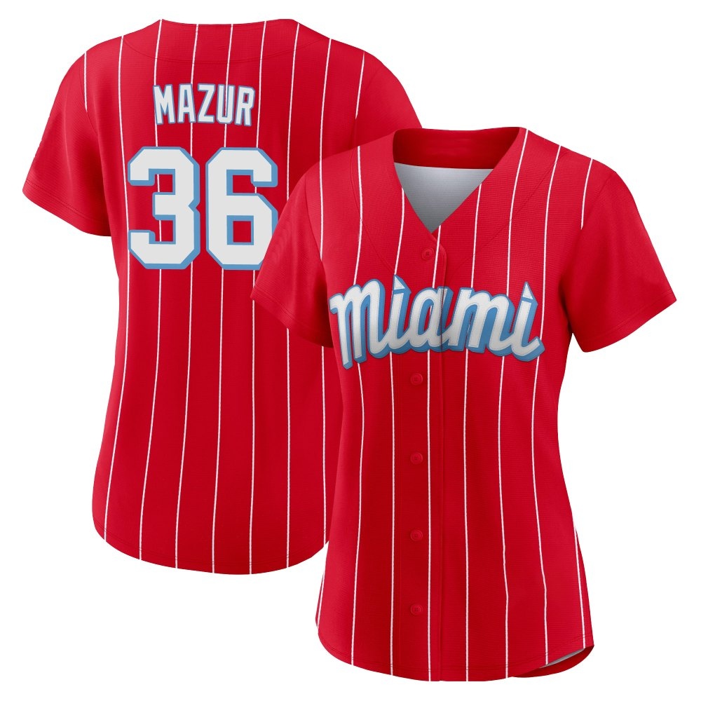 Women's Authentic Miami Marlins Adam Mazur 2021 City Connect Jersey - Red Women's Authentic Miami Marlins Adam Mazur 2021 City Connect Jersey - Red