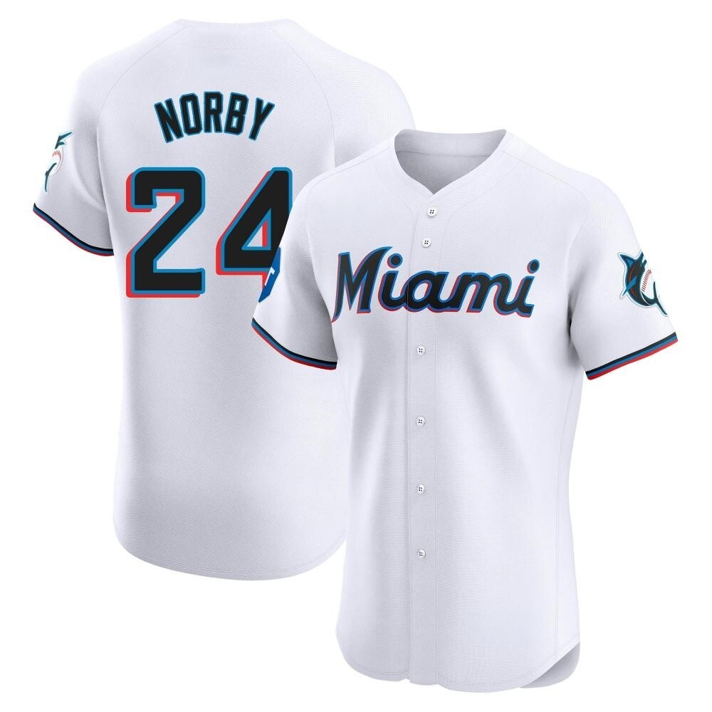 Elite Miami Marlins Connor Norby Home Patch Jersey - White Elite Miami Marlins Connor Norby Home Patch Jersey - White