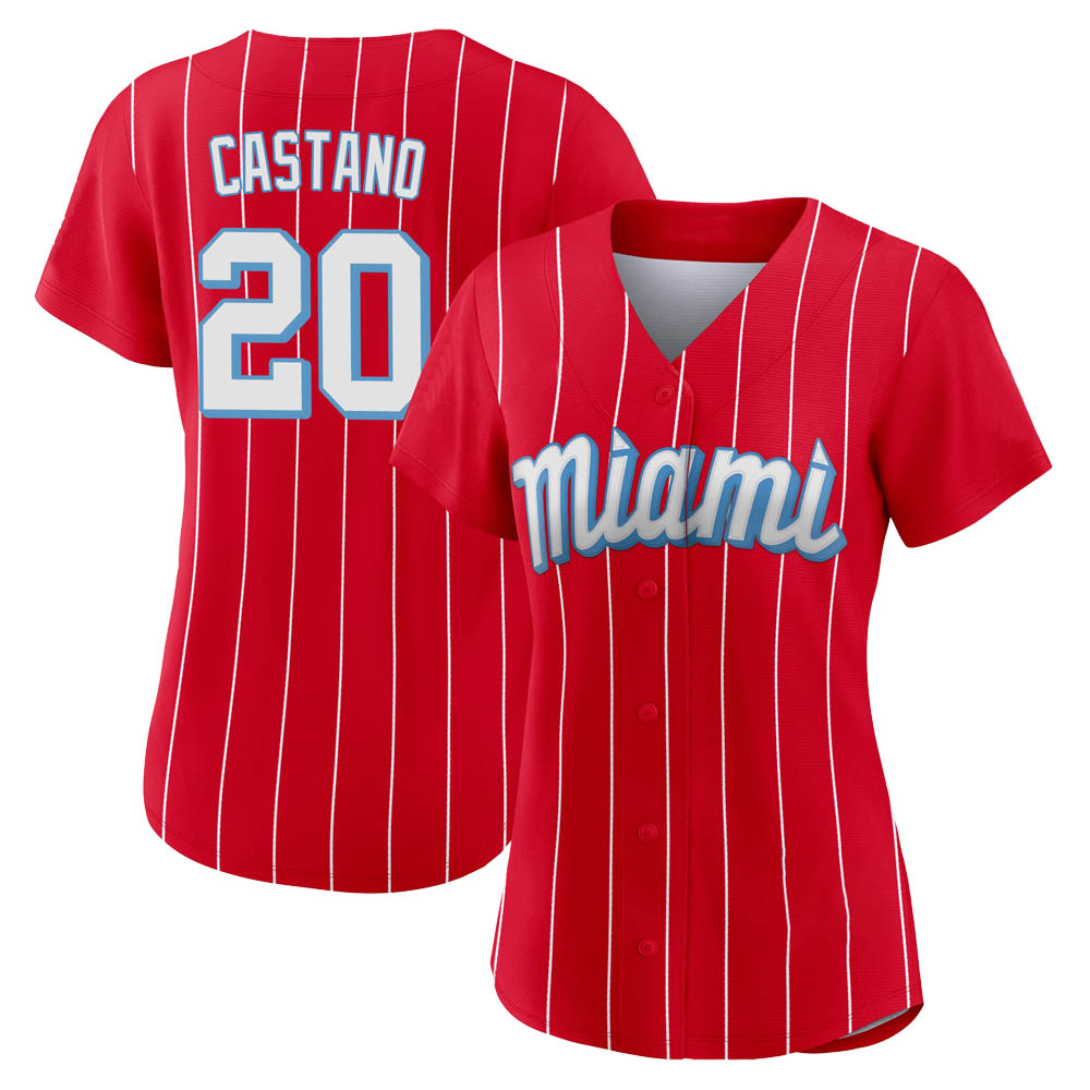 Women's Authentic Miami Marlins Daniel Castano 2021 City Connect Jersey - Red Women's Authentic Miami Marlins Daniel Castano 2021 City Connect Jersey - Red