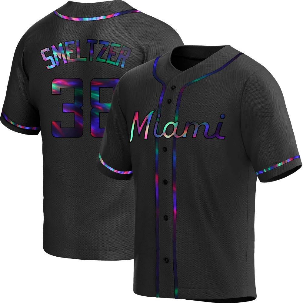 Youth Replica Miami Marlins Devin Smeltzer Alternate Jersey - Black Holographic