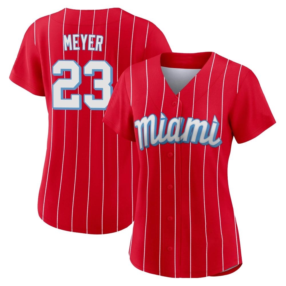 Women's Authentic Miami Marlins Max Meyer 2021 City Connect Jersey - Red Women's Authentic Miami Marlins Max Meyer 2021 City Connect Jersey - Red