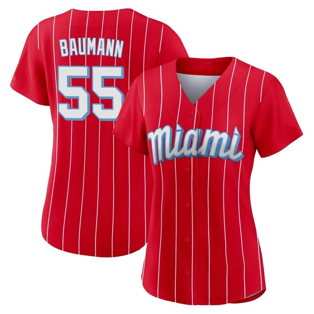 Women's Replica Miami Marlins Mike Baumann 2021 City Connect Jersey - Red Women's Replica Miami Marlins Mike Baumann 2021 City Connect Jersey - Red